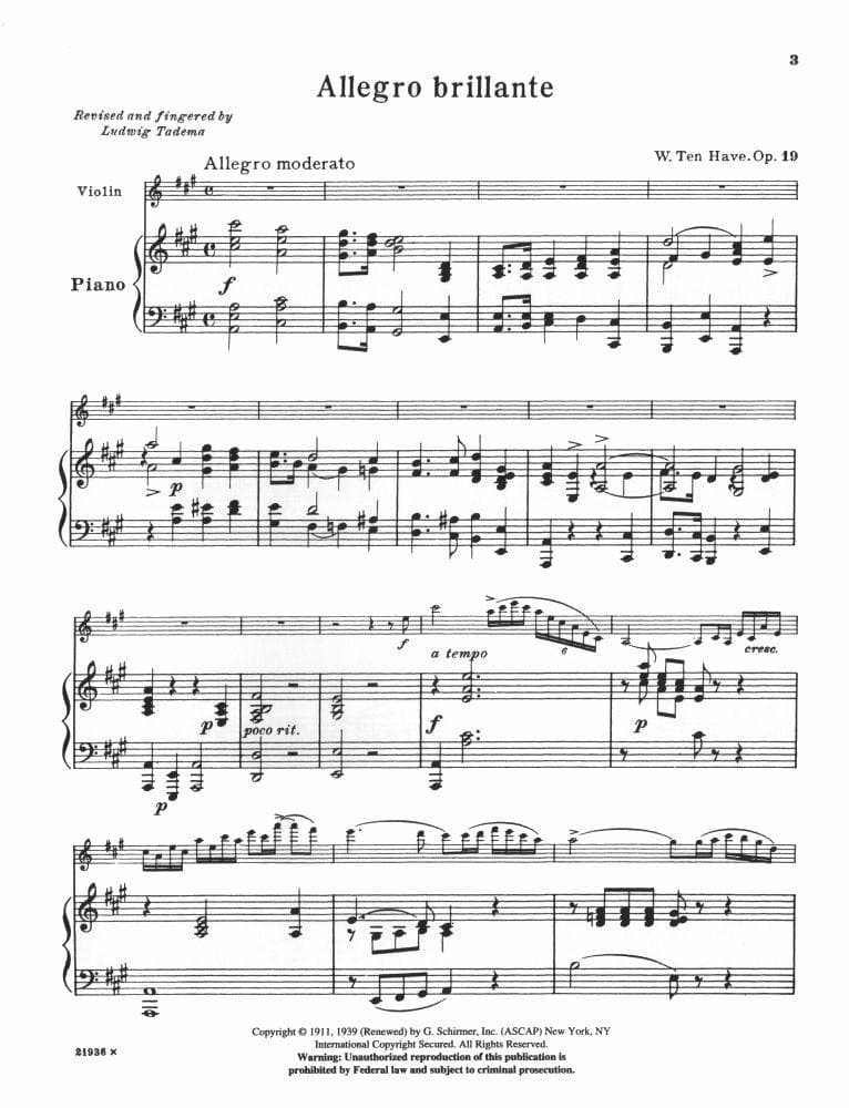 Ten Have, Willem - Allegro Brillante, Op 19 - Violin and Piano - edited by Ludwig Tadema - Schirmer