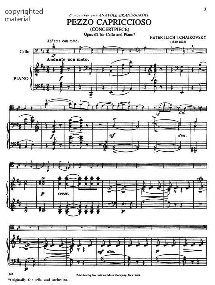 Tchaikovsky, Pyotr Ilyich - Pezzo Capriccioso, Op 62 - for Cello and Piano - edited by Daniel Morganstern - International Music Company