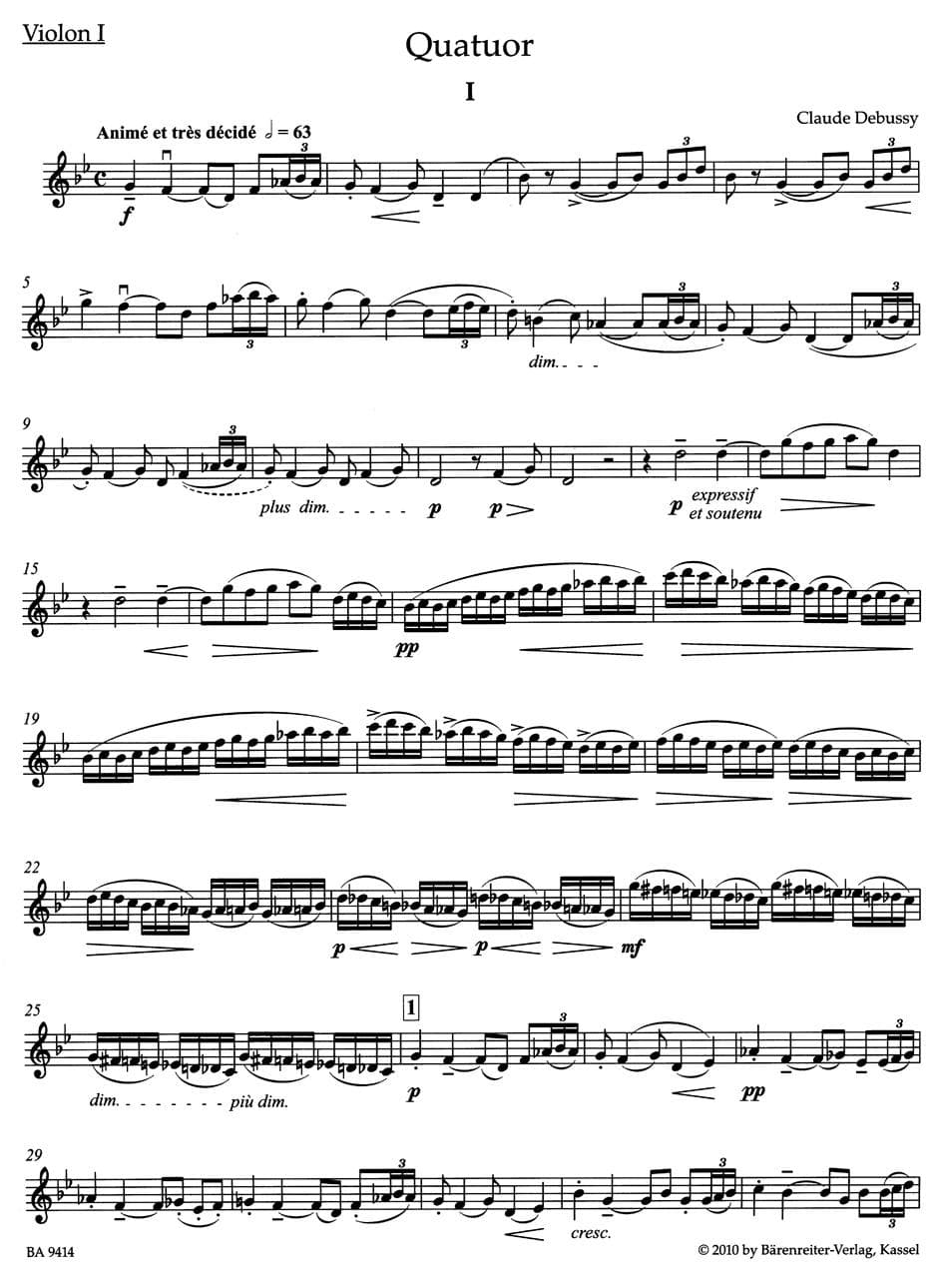 Debussy, Claude - String Quartet in G Minor, Op 10 - edited by Douglas Woodfull-Harris - Bärenreiter