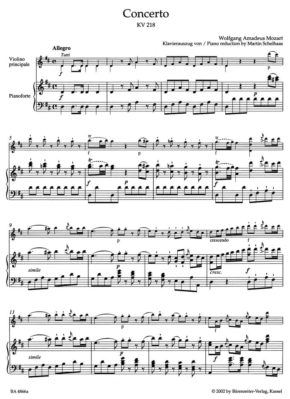 Mozart, WA - Concerto No 4 in D Major, K 218 - Violin and Piano - edited by Mahling et al - cadenzas by Joachim et al - Bärenreiter Verlag URTEXT