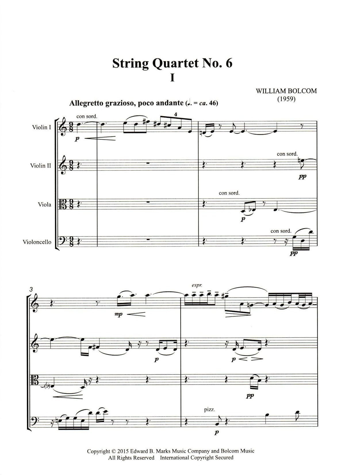Bolcom, William - String Quartet No. 6 - Score and Parts - Edward B. Marks Music Company