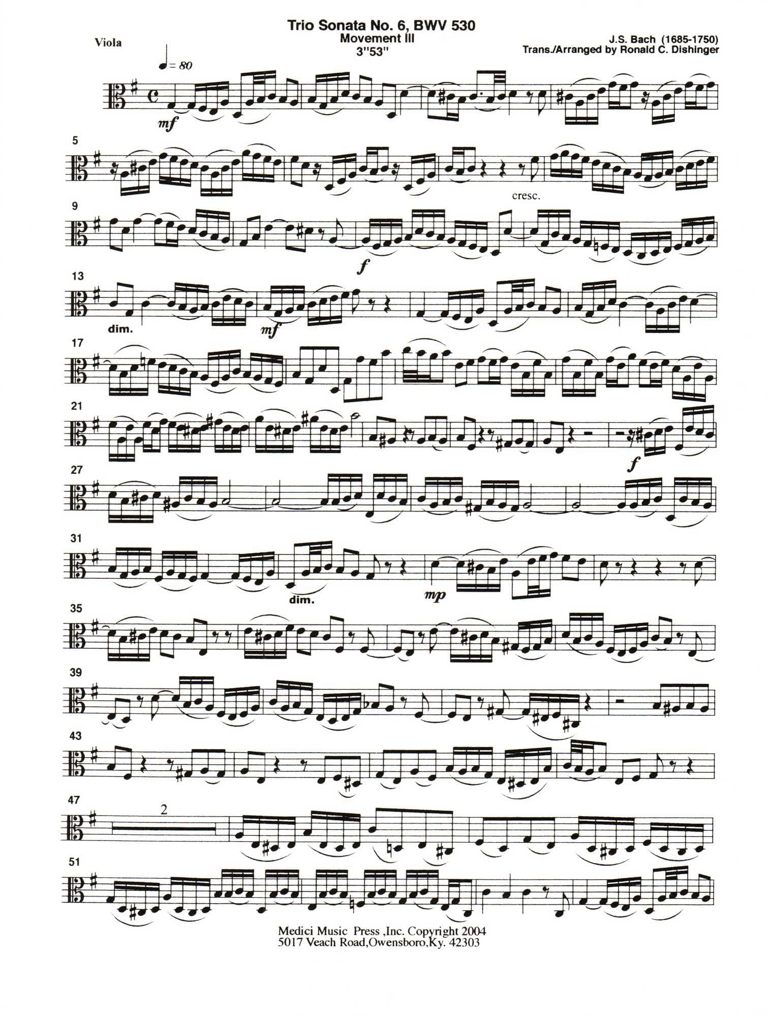 Bach, J.S. - Trio Sonata No. 6, Mvt. III, from BWV 530 - for String Quintet or Orchestra - transcribed by Dishinger - Medici Music Press