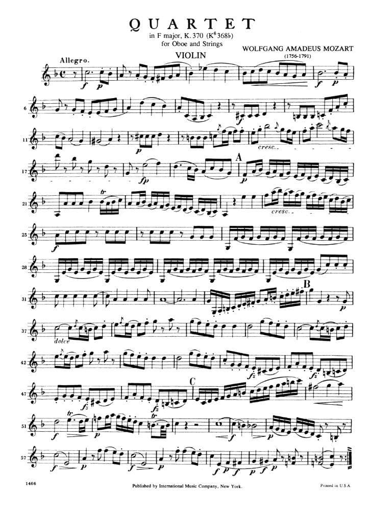 Mozart, WA - Oboe Quartet in F Major, K 370 - Oboe, Violin, Viola, and Cello - International Music Co