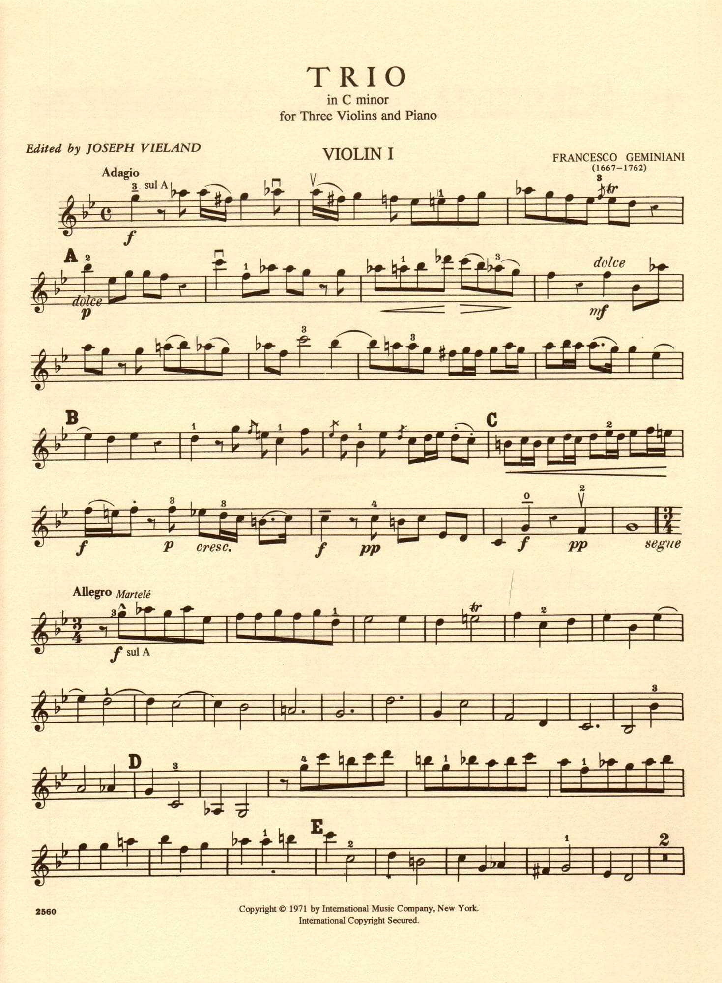 Geminiani, Francesco - Trio in c minor - Three Violins and Piano - edited by Joseph Vieland - International Edition