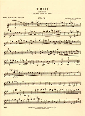 Geminiani, Francesco - Trio in c minor - Three Violins and Piano - edited by Joseph Vieland - International Edition
