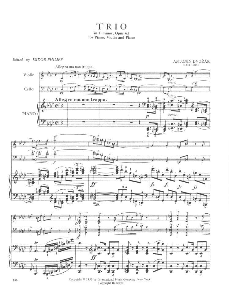 Dvorák, Antonín - Piano Trio in f minor, Op 65 - Violin, Cello, and Piano - edited by Isidor Philipp - International Edition