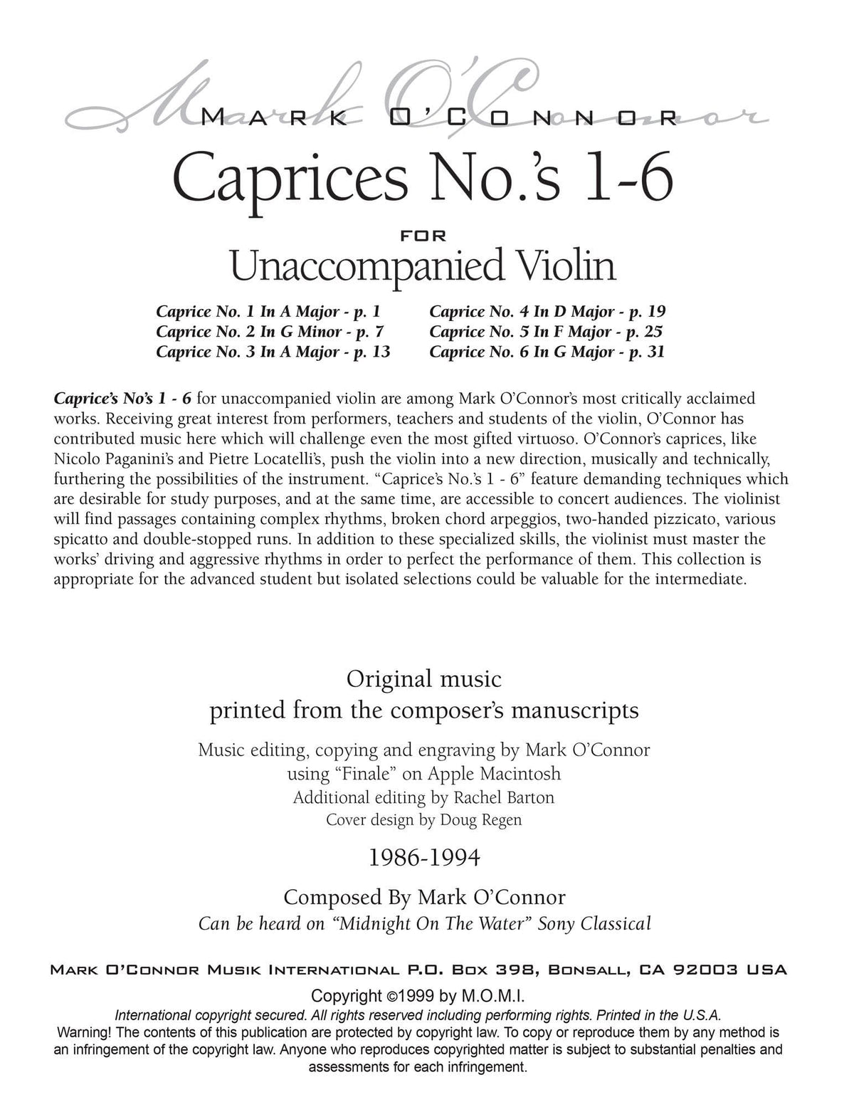 O'Connor, Mark - Caprices No.'s 1-6 for Unaccompanied Violin - Digital Download