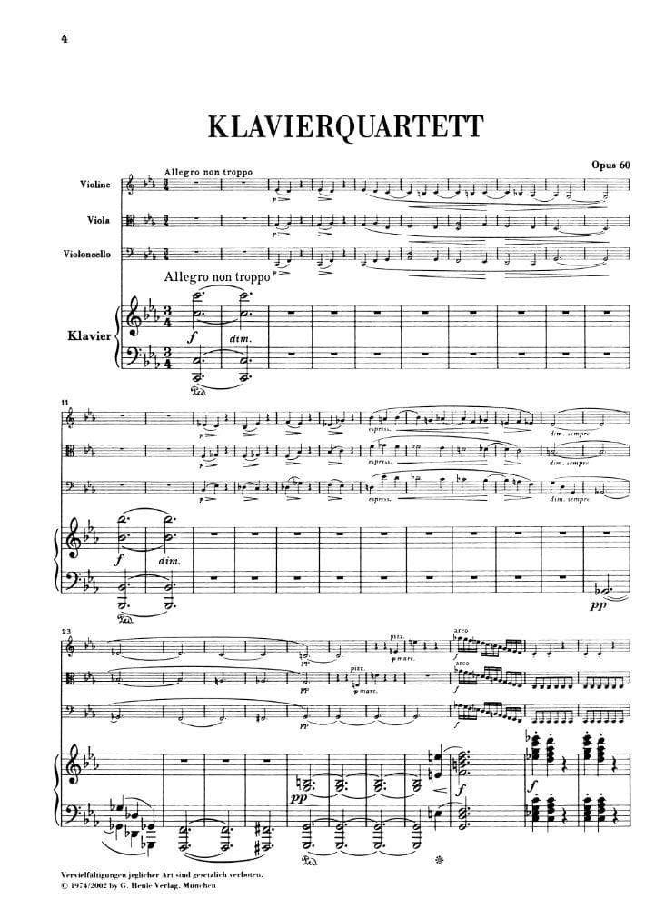 Brahms, Johannes - Piano Quartet No 3 in c minor Op 60 for Violin, Viola, Cello and Piano - Henle Verlag URTEXT Edition