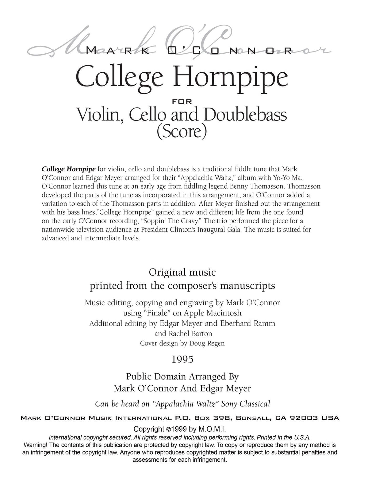 O'Connor, Mark - College Hornpipe for Violin, Cello, and Bass - Score - Digital Download
