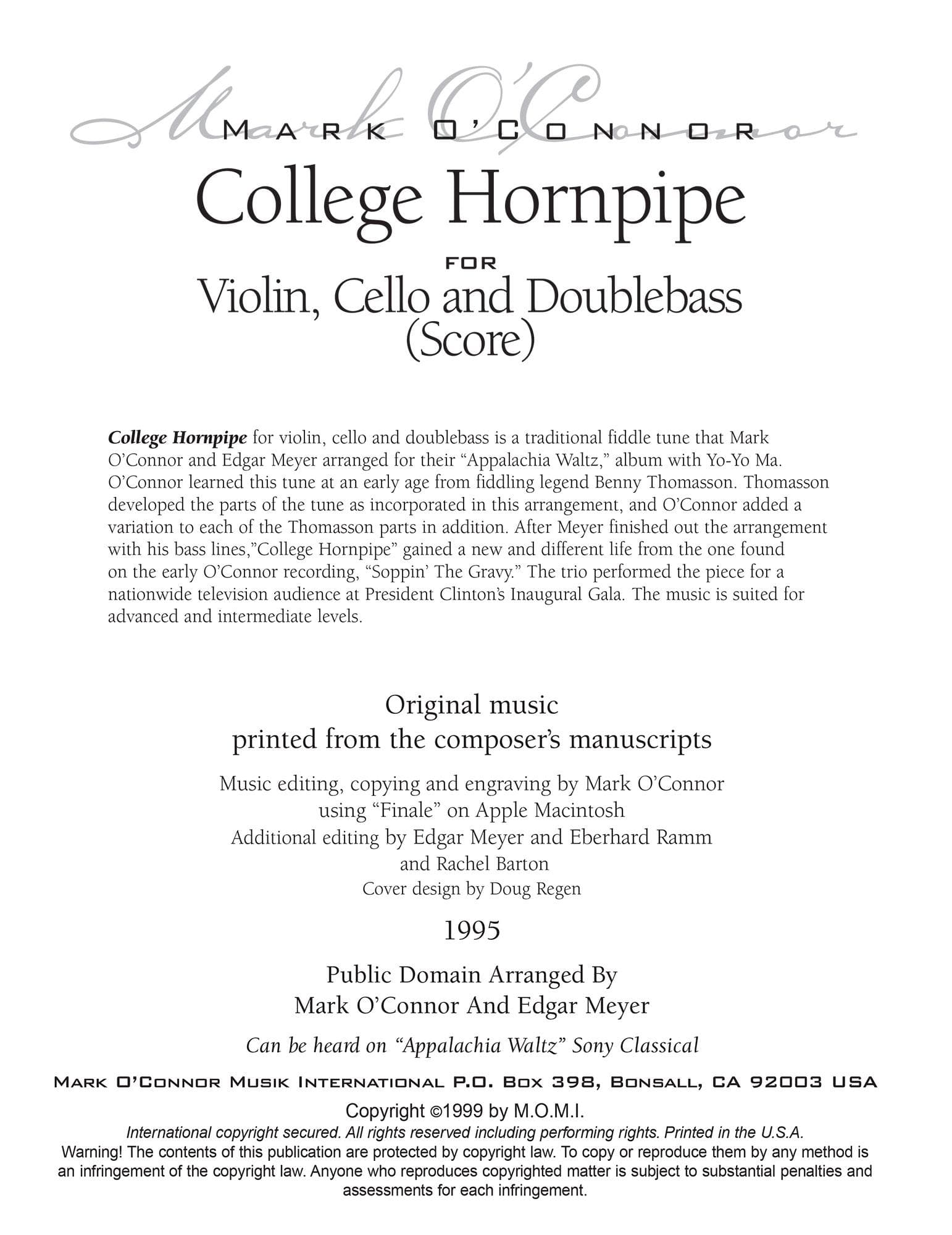 O'Connor, Mark - College Hornpipe for Violin, Cello, and Bass - Score - Digital Download