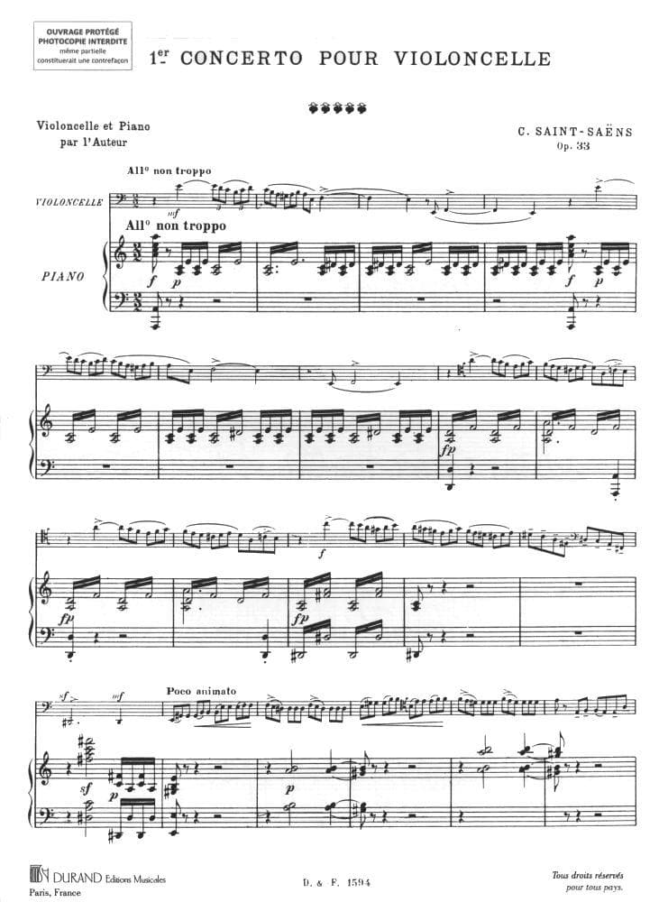Saint-Saens, Camille - Cello Concerto No 1 in A Minor, Op 33 - for Cello and Piano - Durand
