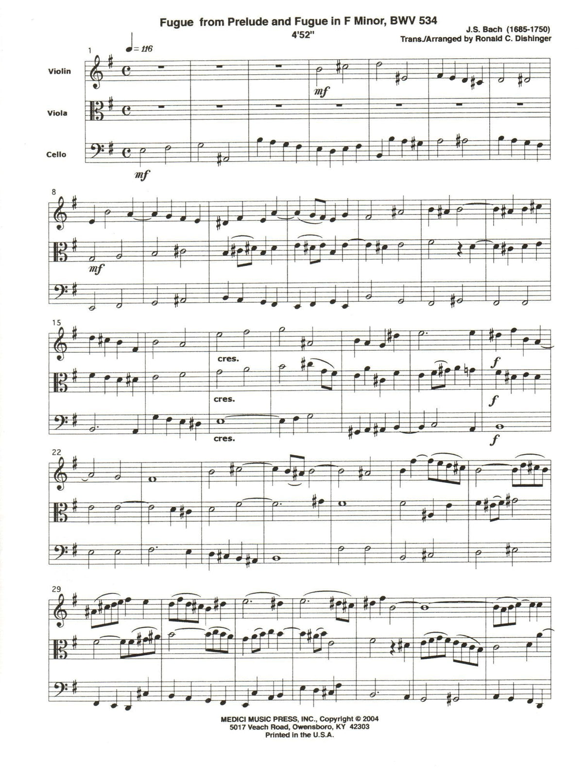 Bach, J.S. - Fugue from Prelude and Fugue (BWV 534) - for String Trio - arranged by Dishinger - Medici Music Press