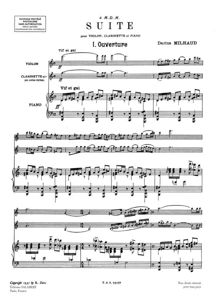 Milhaud, Darius - Suite, Op 157b - Violin, Clarinet, and Piano - Editions Salabert
