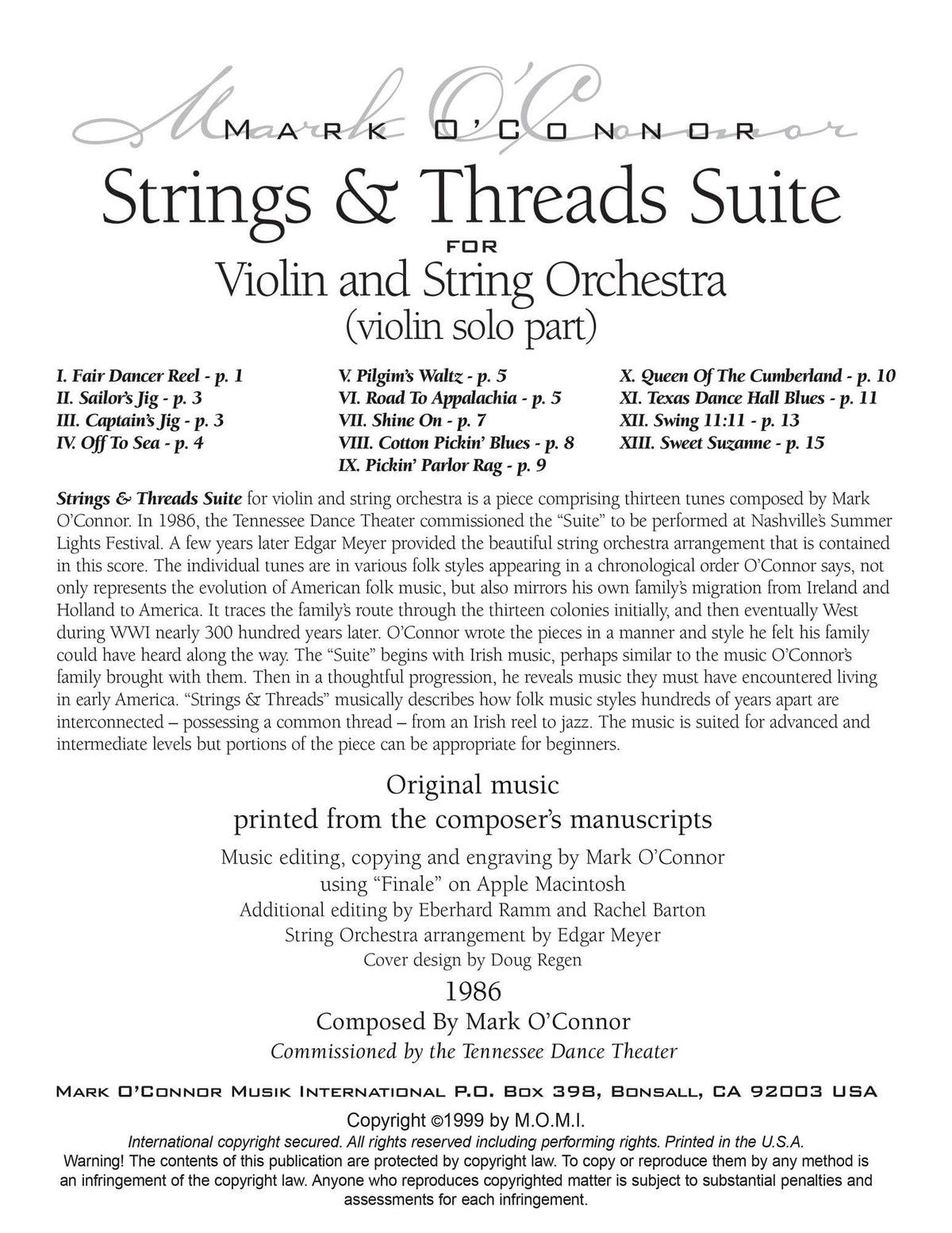 O'Connor, Mark - Strings & Threads Suite for Violin and String Orchestra - Violin Solo - Digital Download