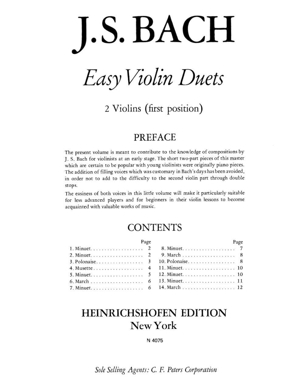 Bach, JS - Easy Violin Duets for Two Violins - Heinrichshofen's Verlag Edition