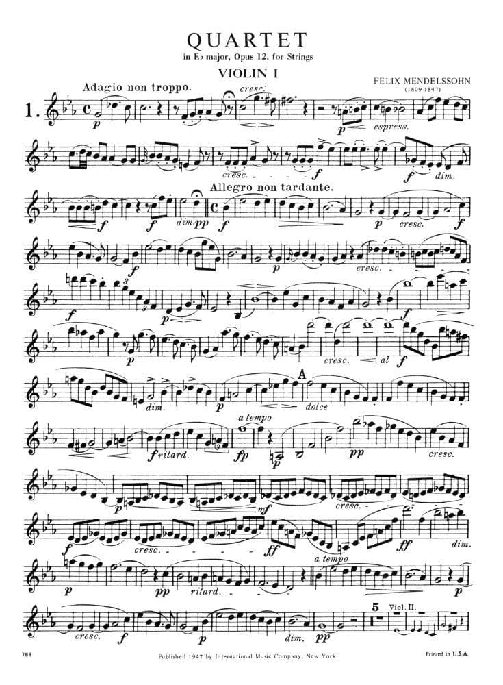 Mendelssohn, Felix - Four Celebrated Quartets, Op 12 and 44 - Two Violins, Viola, and Cello - International Music Co