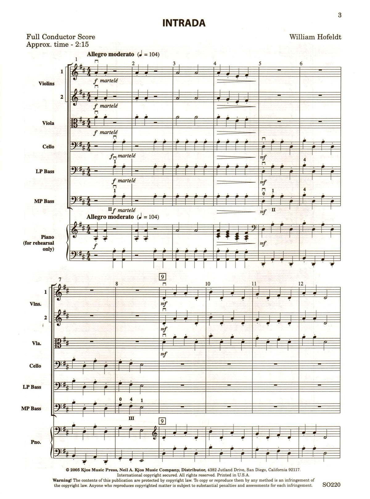 Hofeldt, William - Intrada for String Orchestra - Score and Parts - Kjos Music Co