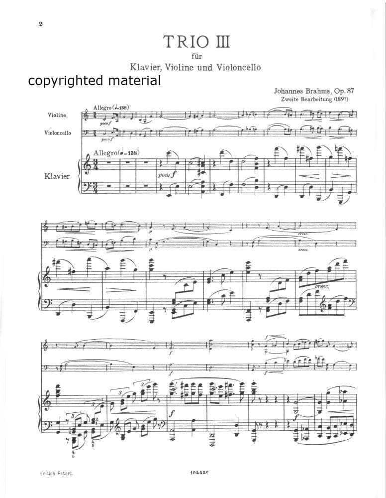 Brahms, Johannes - Piano Trio No 2 in C Major Op 87 Set of parts for Violin, Cello and Piano - Arranged by Shumann - Peters Edition