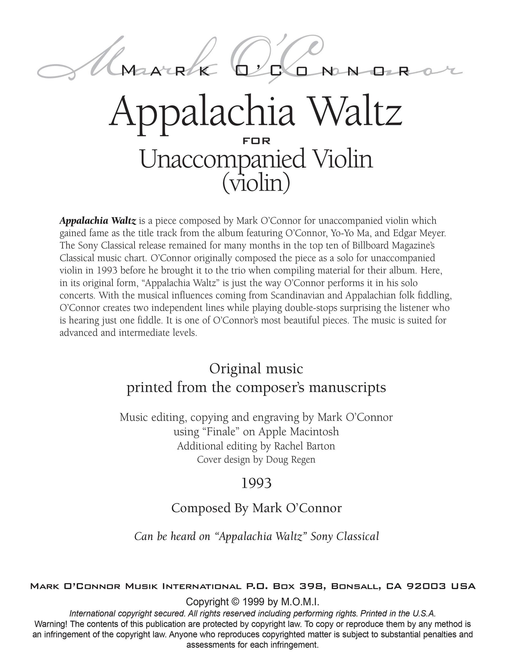 O'Connor, Mark - Appalachia Waltz Unaccompanied Score - Violin - Digital Download