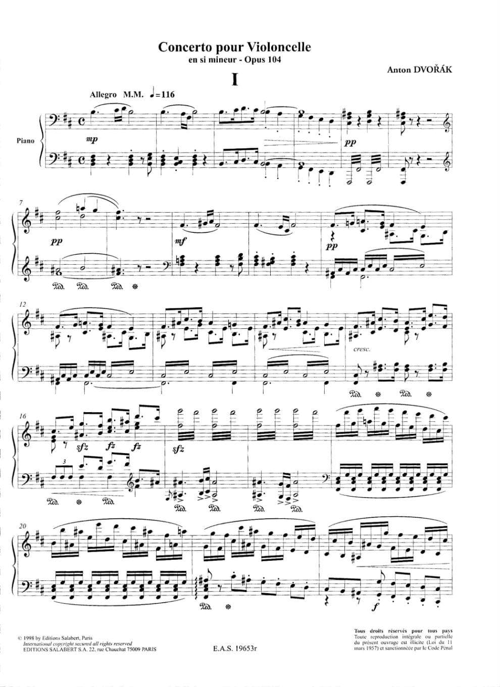 Dvorak, Antonin - Concerto in B minor, Op 104  - Cello and Piano - Book/CD set - edited by Andre Navarra and Marcel Bardon - Editions Salabert