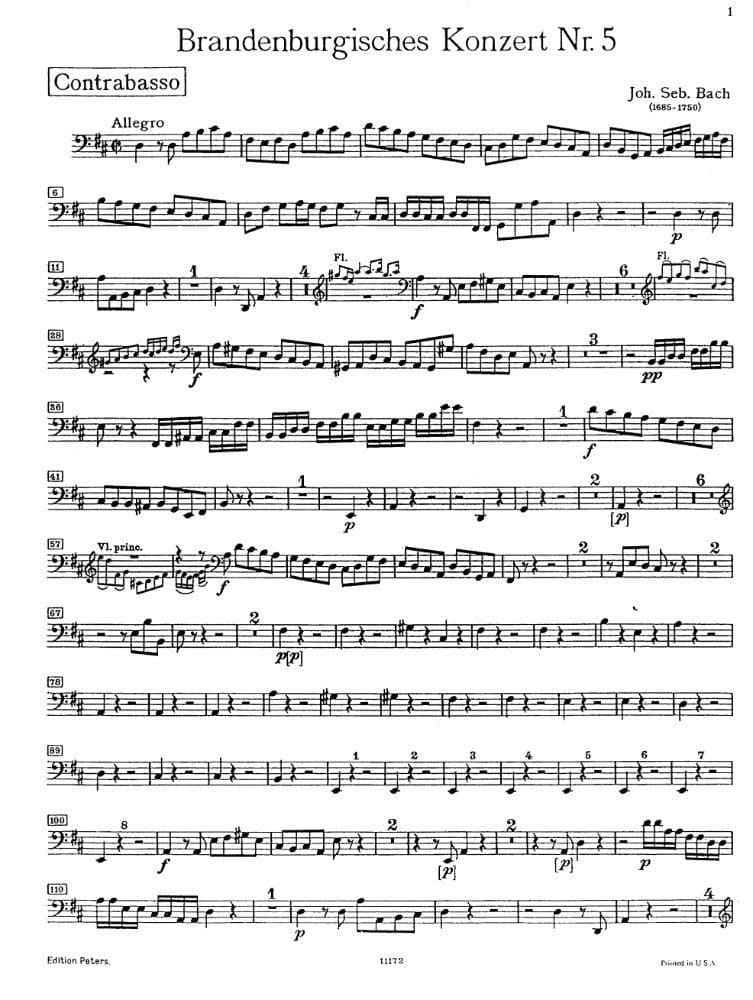 Bach, JS - Brandenburg Concerto No. 5, BWV 1050 - Bass Part - Peters Edition
