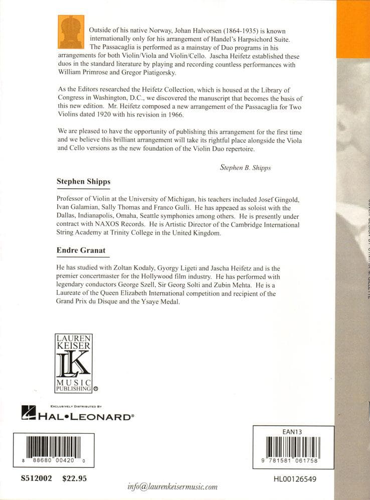 Handel, George Frederic - Heifetz Collection: Passacaglia for Two Violins - arranged by Johan Halvorsen and Jascha Heifetz - edited by Stephen Shipps and Endre Granat - Lauren Keiser