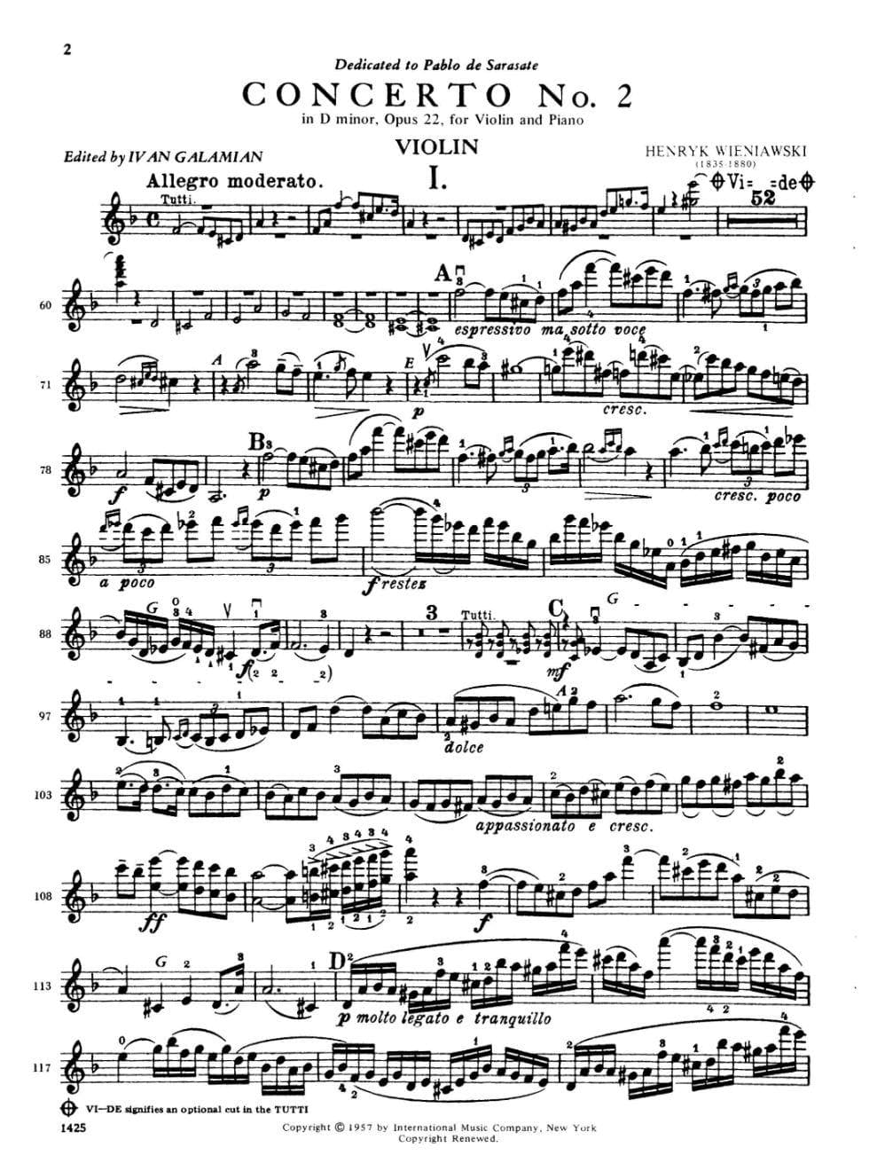 Wieniawski, Henryk - Concerto 2 in d minor, Op 22 For Violin and Piano Edited by Ivan Galamian Published by International Music Company