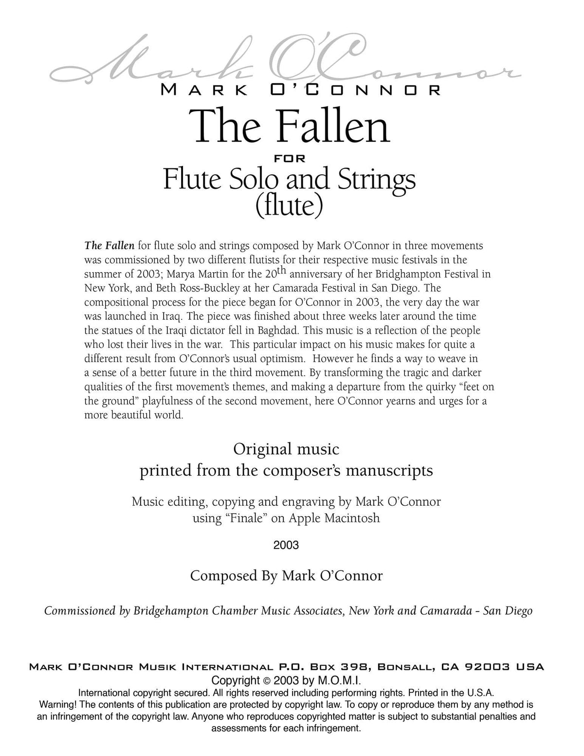 O'Connor, Mark - The Fallen for Flute and Strings - Flute Solo - Digital Download