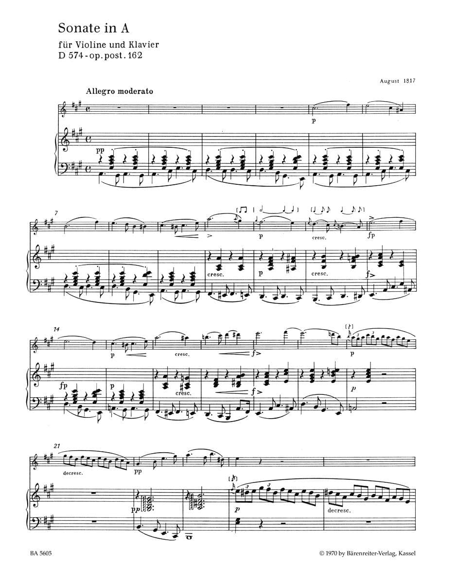 Schubert, Franz - Sonata in A Major (Duo), Op 162, D 574 For Violin and Piano URTEXT Published by Barenretier