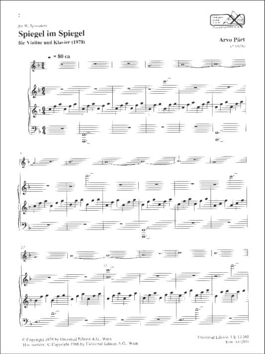 Pärt, Arvo - Spiegel im Spiegel (1978) - Violin and Piano - Universal Edition