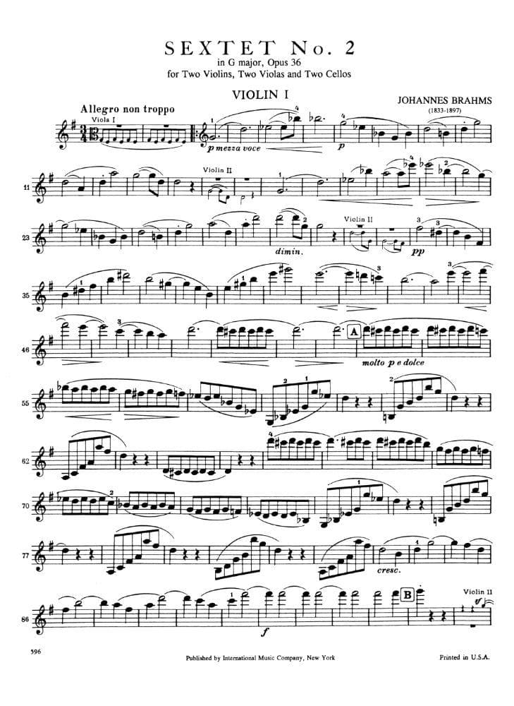 Brahms, Johannes - Sextet No 2 in G Major, Op 36 - Two Violins, Two Violas and Two Cellos - Set of Parts - International Music Company
