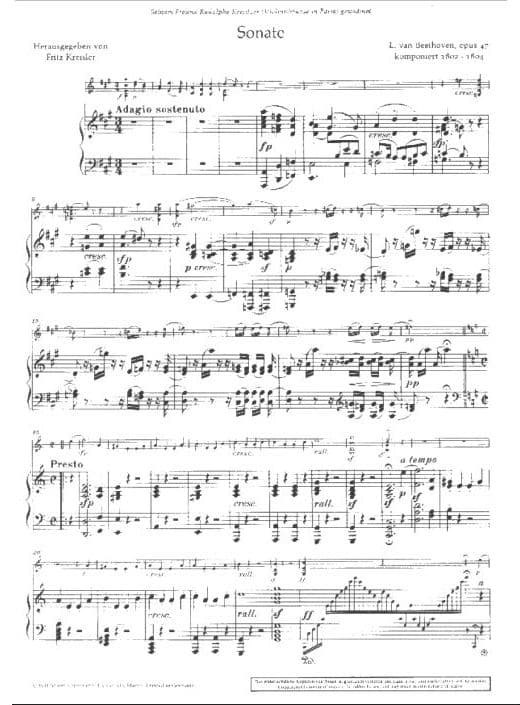 Beethoven, Ludwig - Sonata No 9 in a minor "Kreutzer" Op 47 - Violin and Piano - edited by Fritz Kreisler - Schott Edition