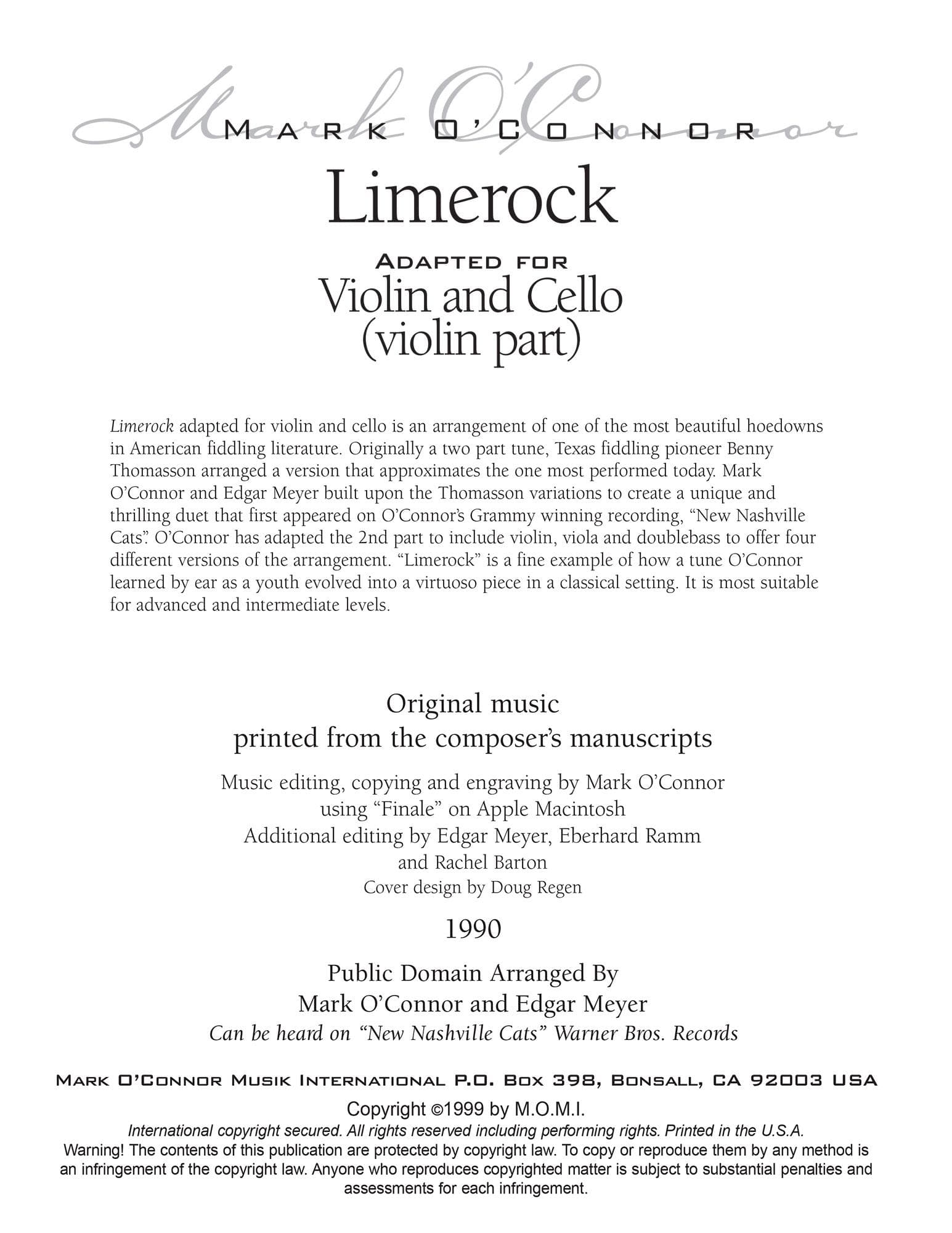 O'Connor, Mark - Limerock for Violin and Cello - Violin - Digital Download