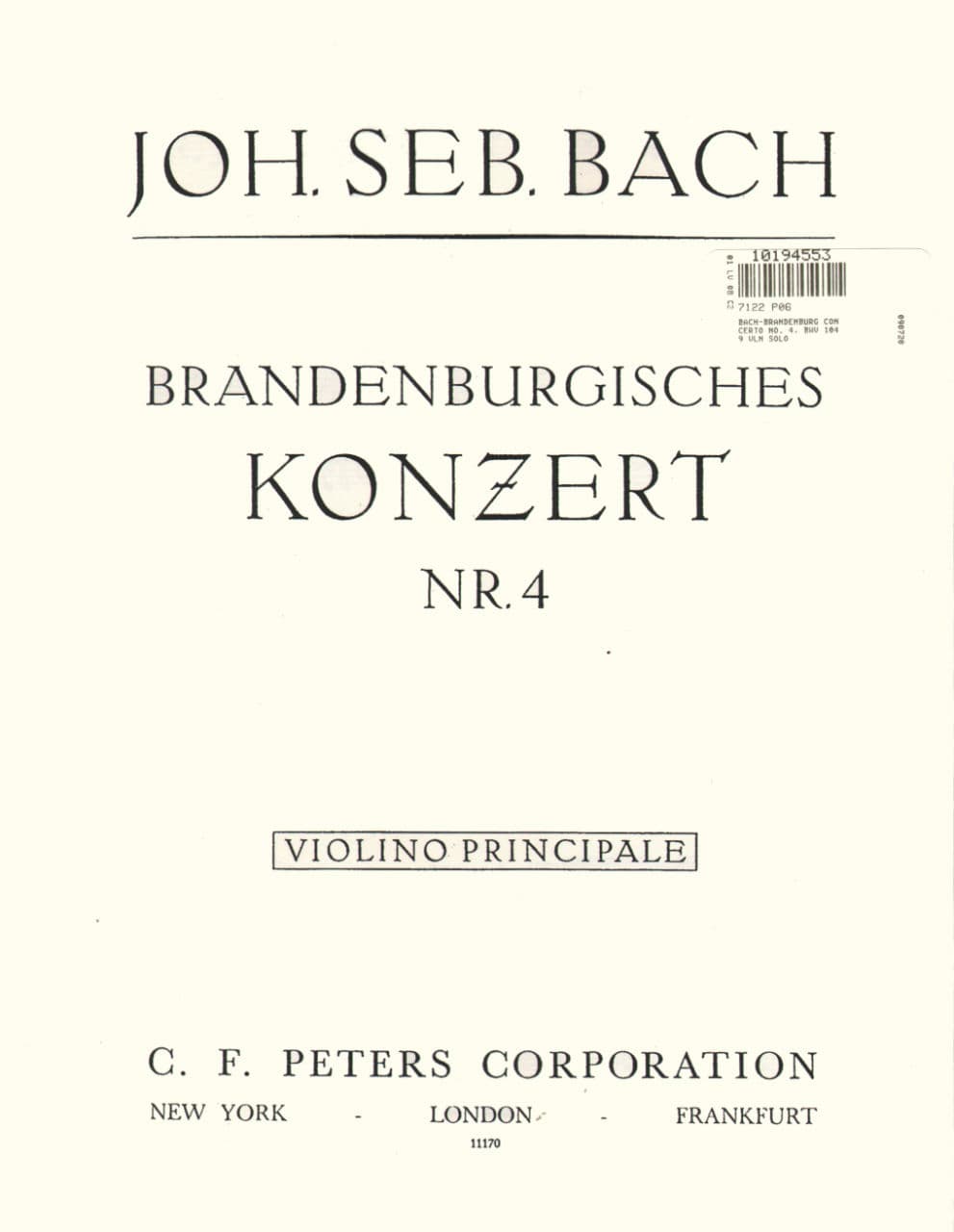 Bach, J.S. - Brandenburg Concerto No. 4, BWV 1049 - Violin Solo Part - Peters Edition