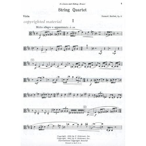 Barber, Samuel - String Quartet Op 11 Set of Parts for Two Violins, Viola and Cello - Schirmer Edition