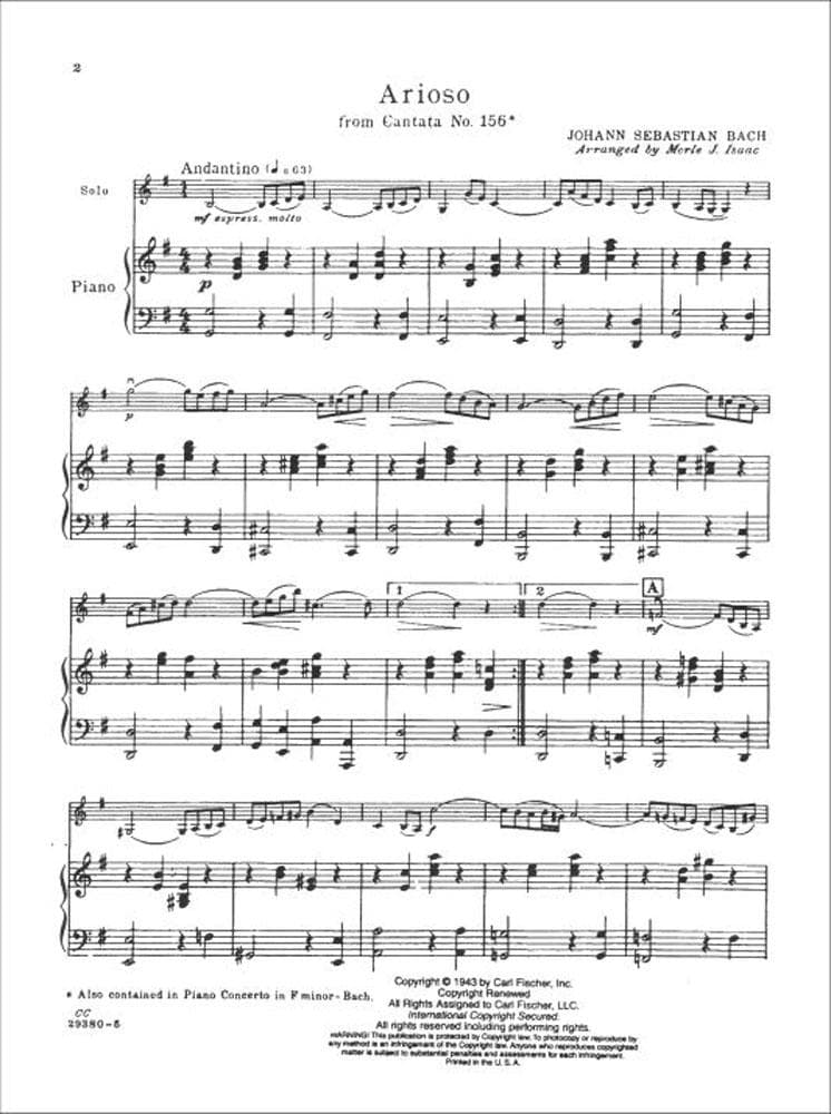 Bach, JS - Arioso from Cantata No 156 for Cello and Piano - Arranged by Isaac - Fischer Edition