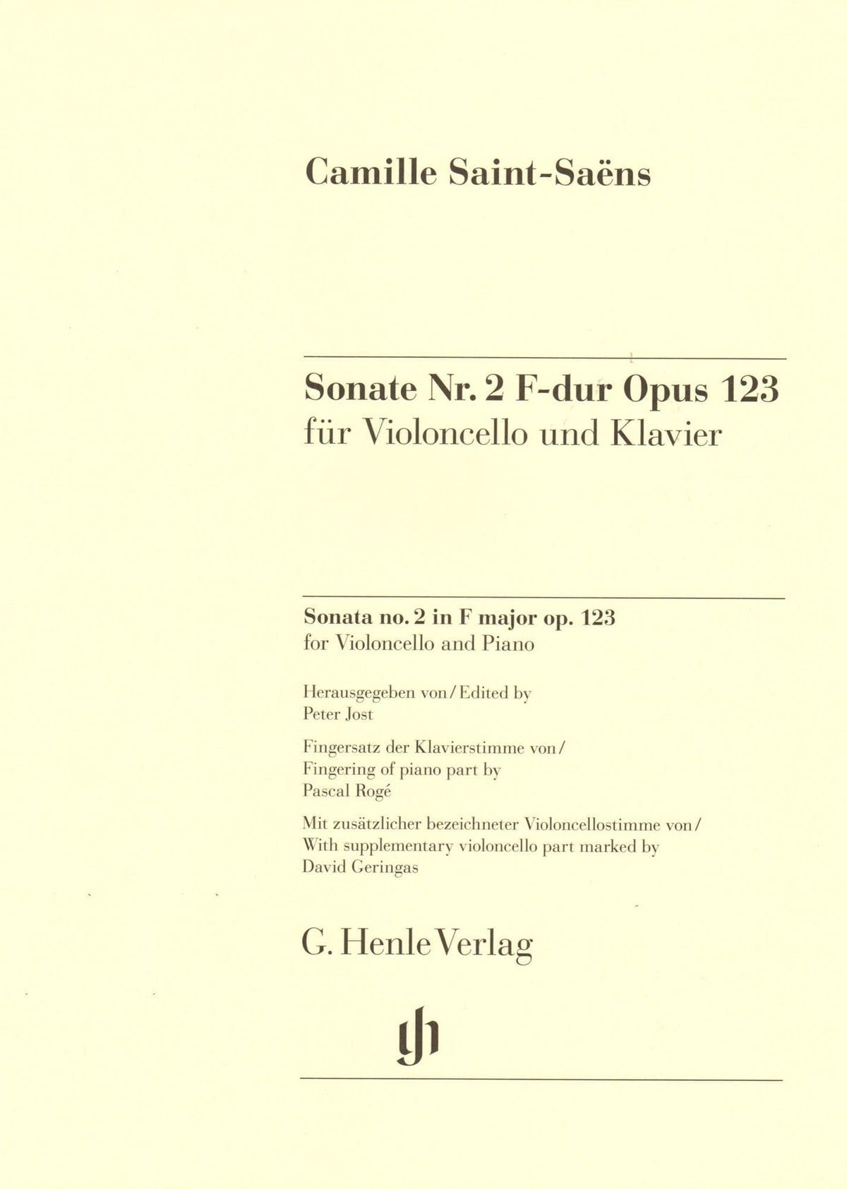 Saint-Saëns, Camille - Sonata No. 2 in F major, Opus 123 - for Cello and Piano - edited by Jost, Geringas, and Rogé - G. Henle Verlag URTEXT