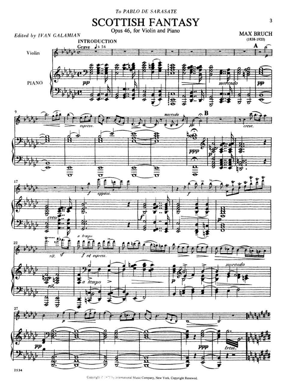 Bruch, Max - Scottish Fantasy Op 46 for Violin and Piano - Arranged by Galamian - International Edition