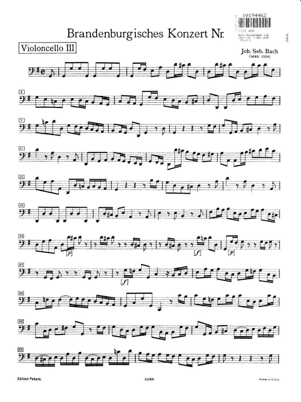 Bach, JS - Brandenburg Concerto No 3 BWV 1048 for 3rd Cello - Peters Edition