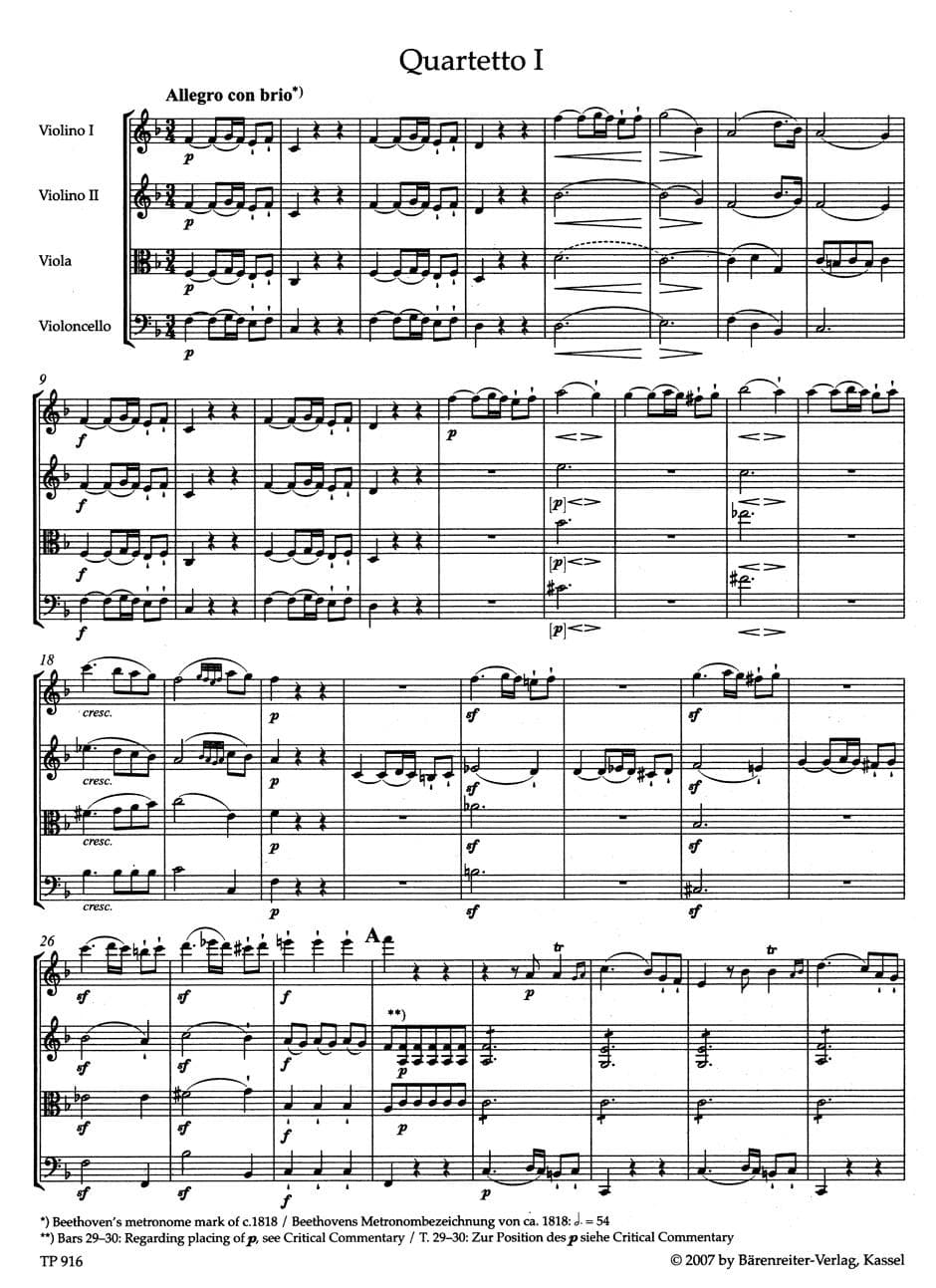 Beethoven, Ludwig - String Quartets, Op 18 - Study Score - edited by Jonathan Del Mar - Barenreiter URTEXT