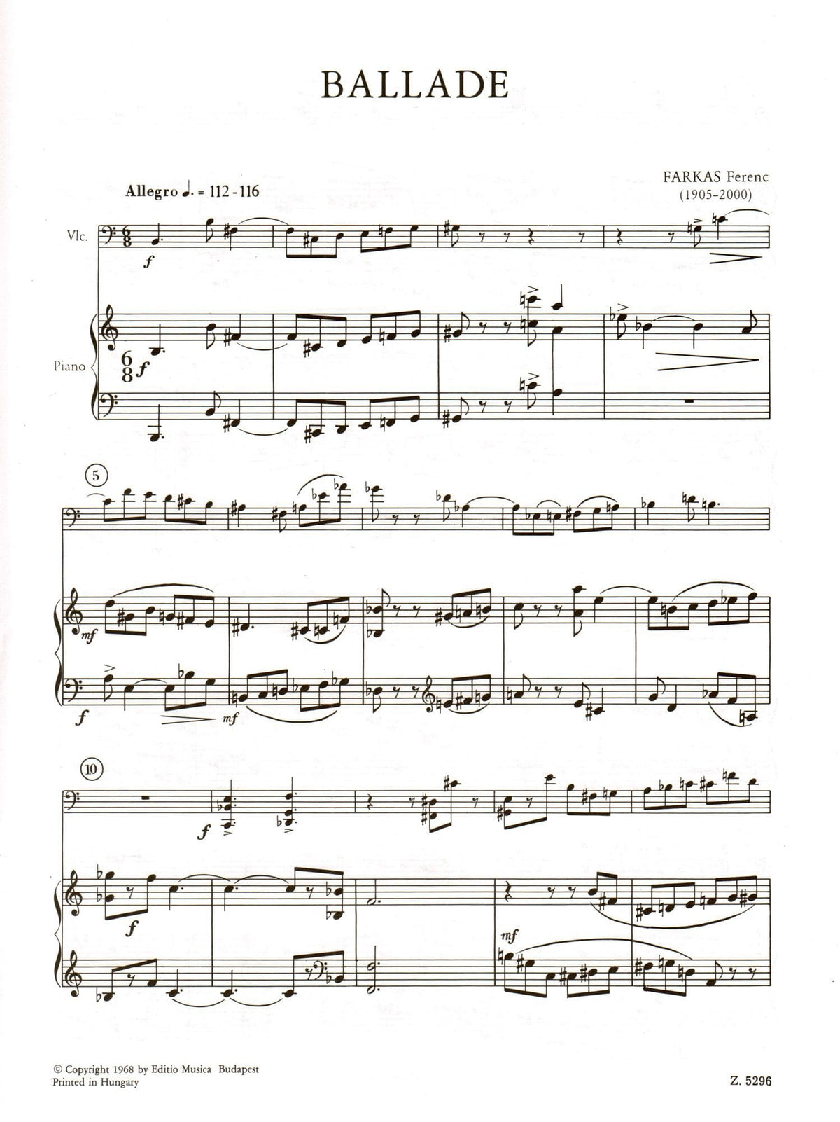 Farkas, Ferenc - Ballade - Cello and Piano - Editio Musica Budapest