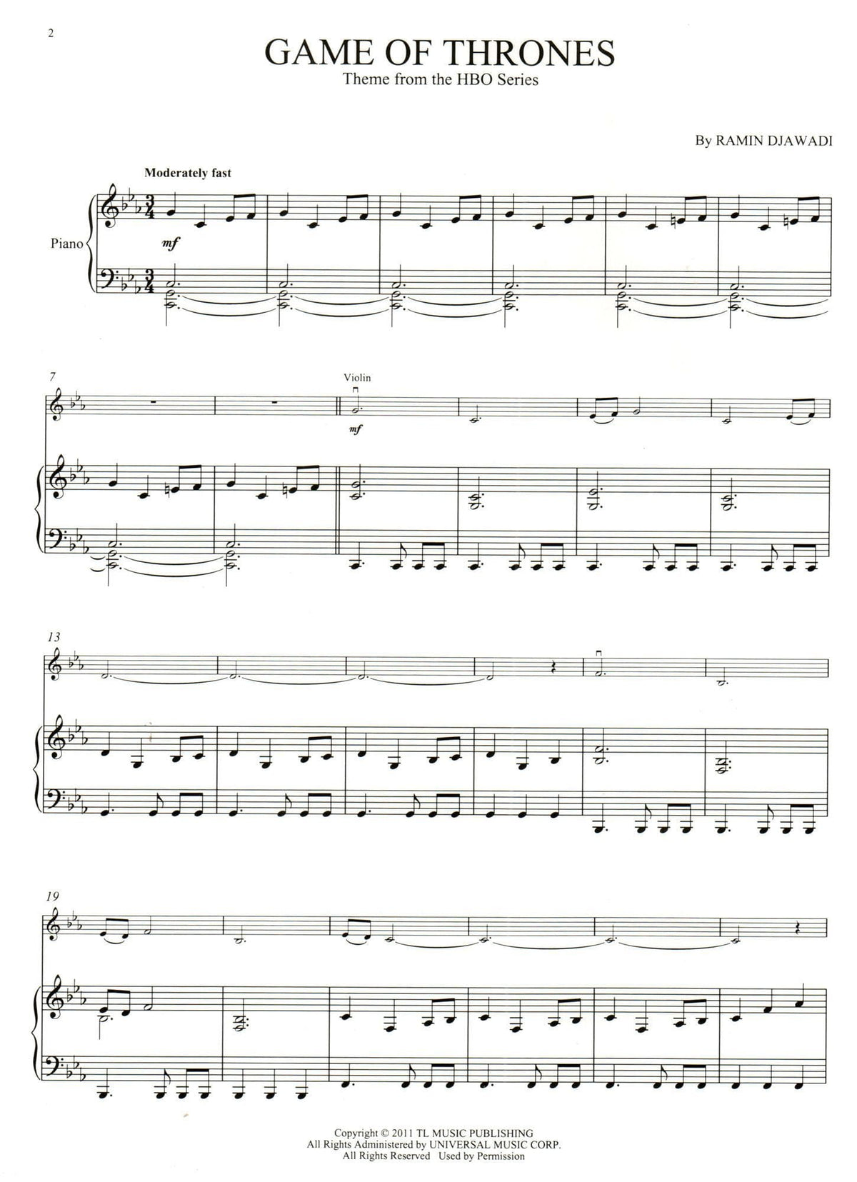 Game of Thrones Theme - for Violin and Piano - Hal Leonard
