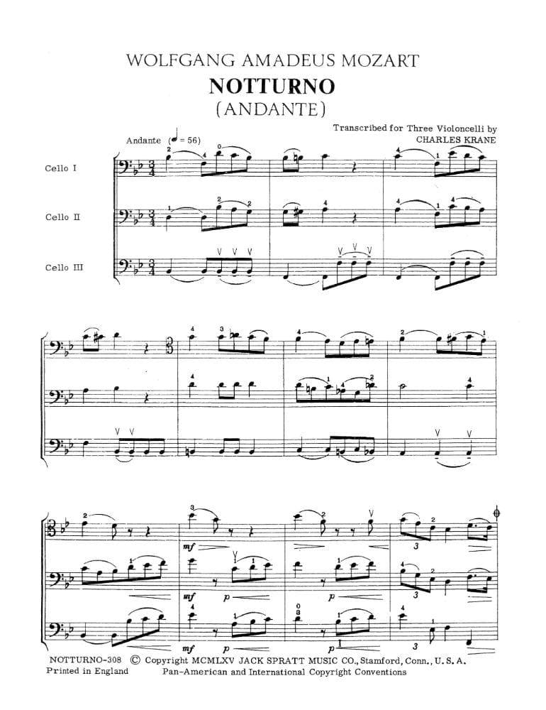Mozart, WA - Notturno (Andante) - Three Cellos - transcribed by Charles Krane - Spratt Music Publishers