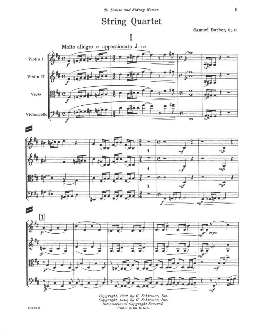 Barber, Samuel - String Quartet Op 11 - Score - Schirmer Edition