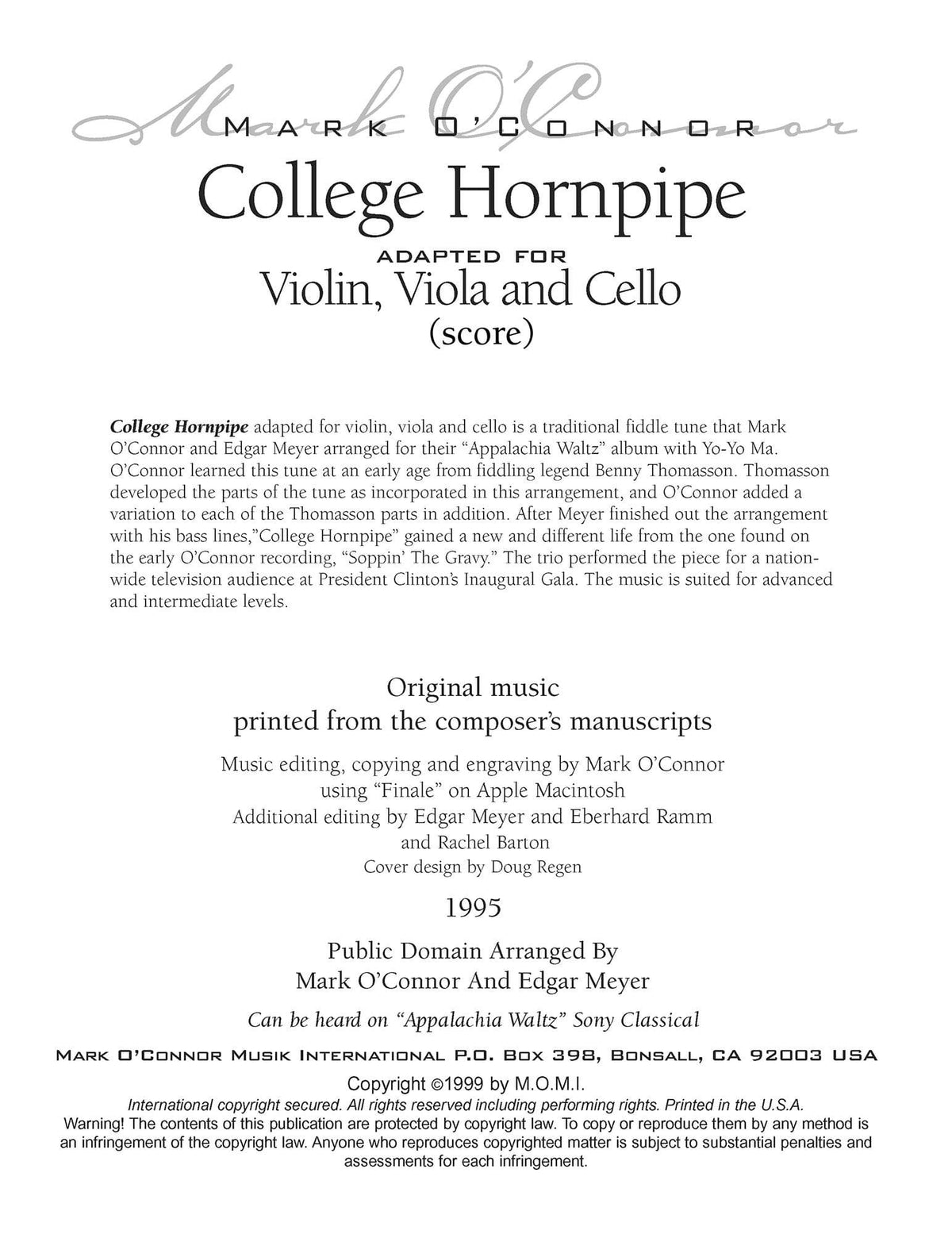 O'Connor, Mark - College Hornpipe for Violin, Viola, and Cello - Score - Digital Download