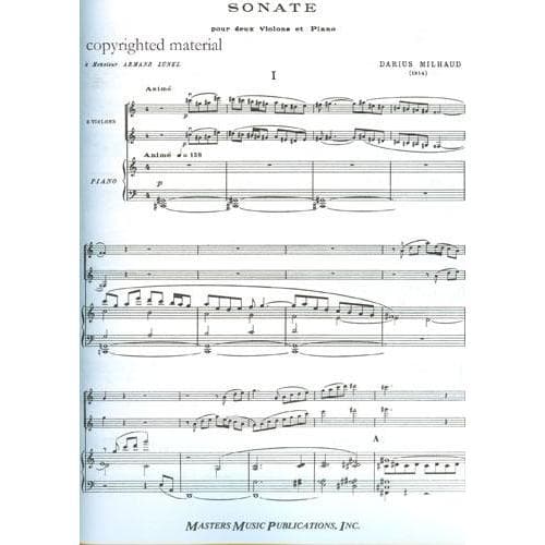 Milhaud, Darius - Sonata, Op 15 (1914) - Two Violins and Piano - Masters Music Publication