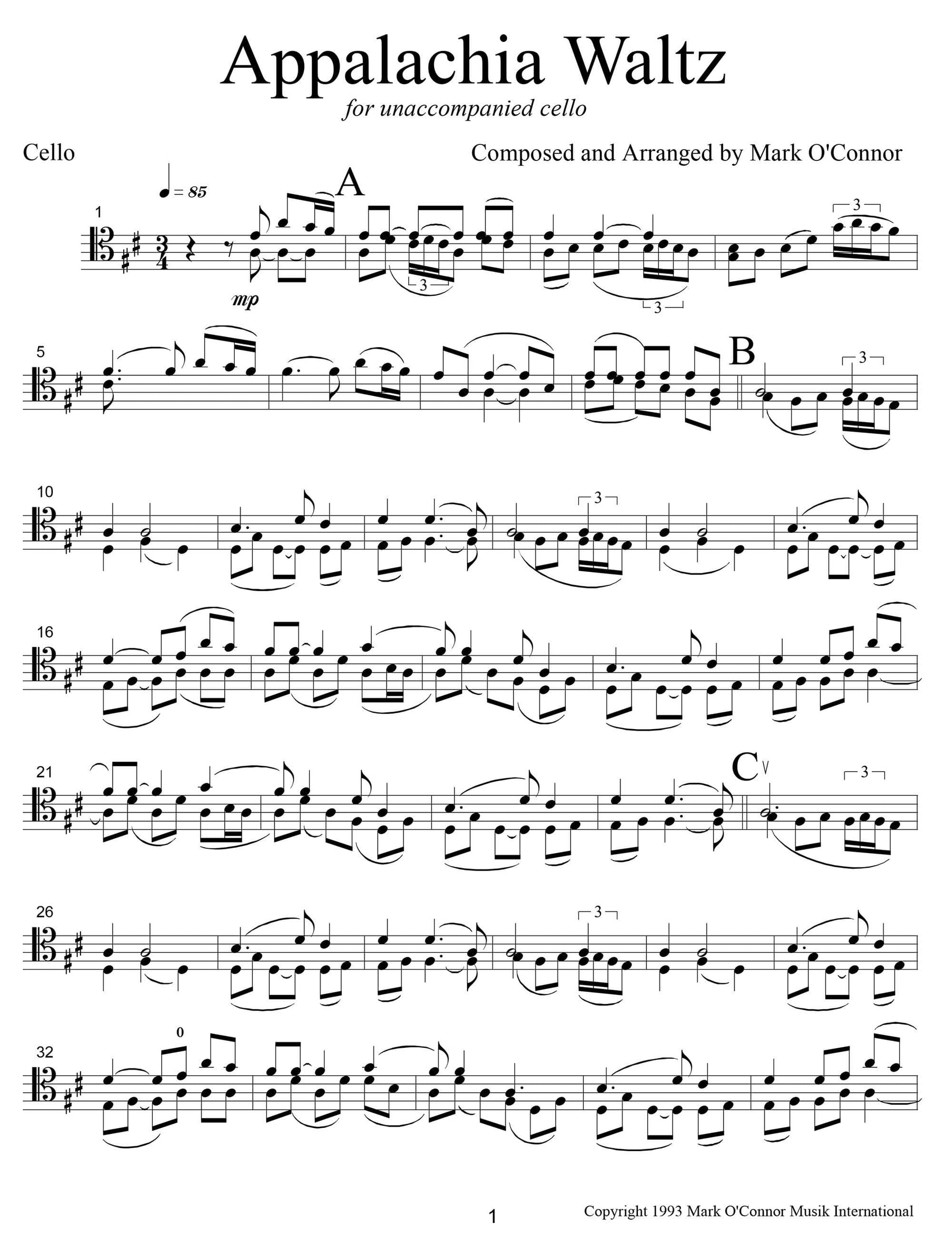 O'Connor, Mark - Appalachia Waltz Unaccompanied Score - Cello - Digital Download