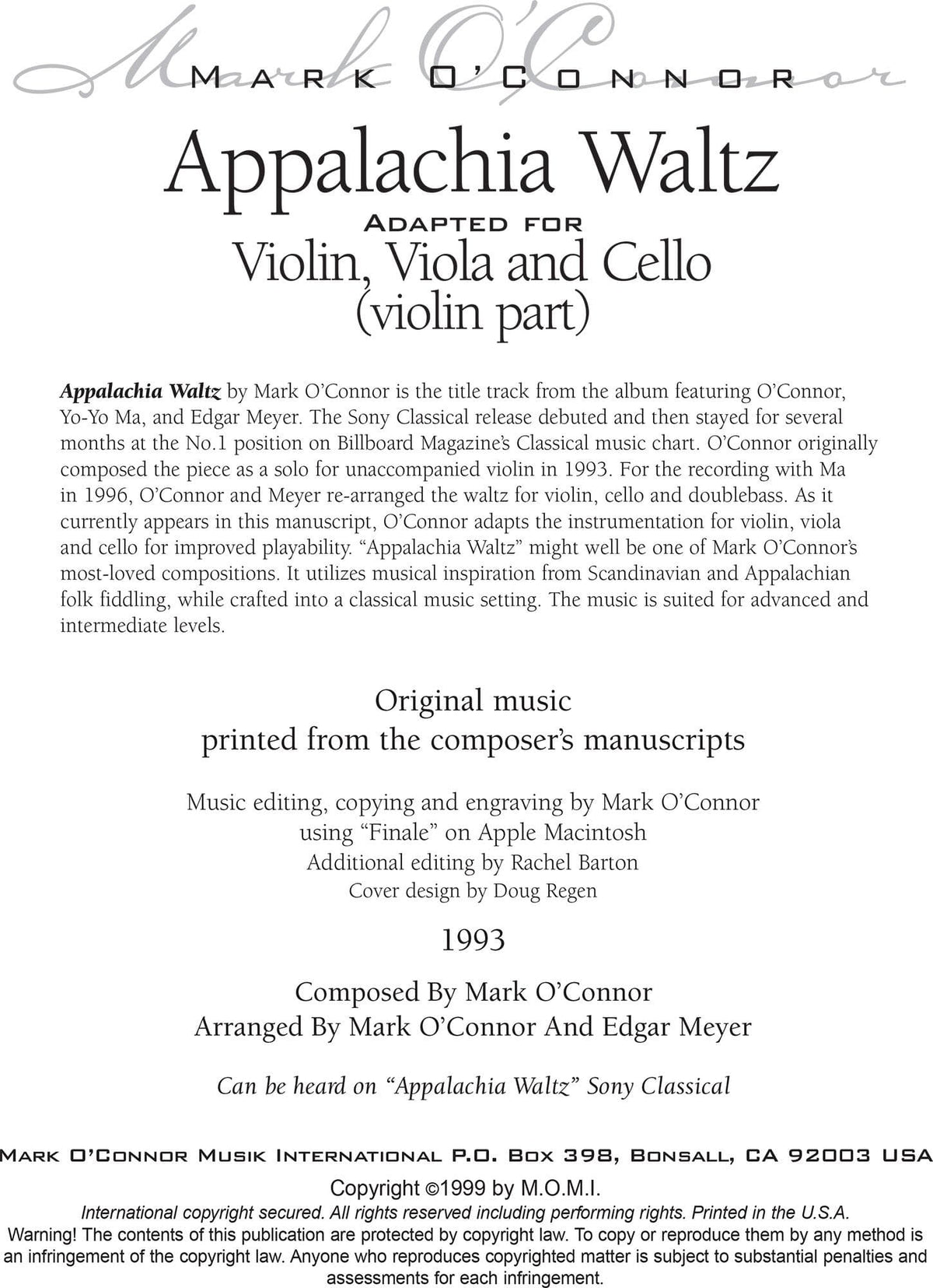 O'Connor, Mark - Appalachia Waltz for Violin, Viola, and Cello - Violin - Digital Download