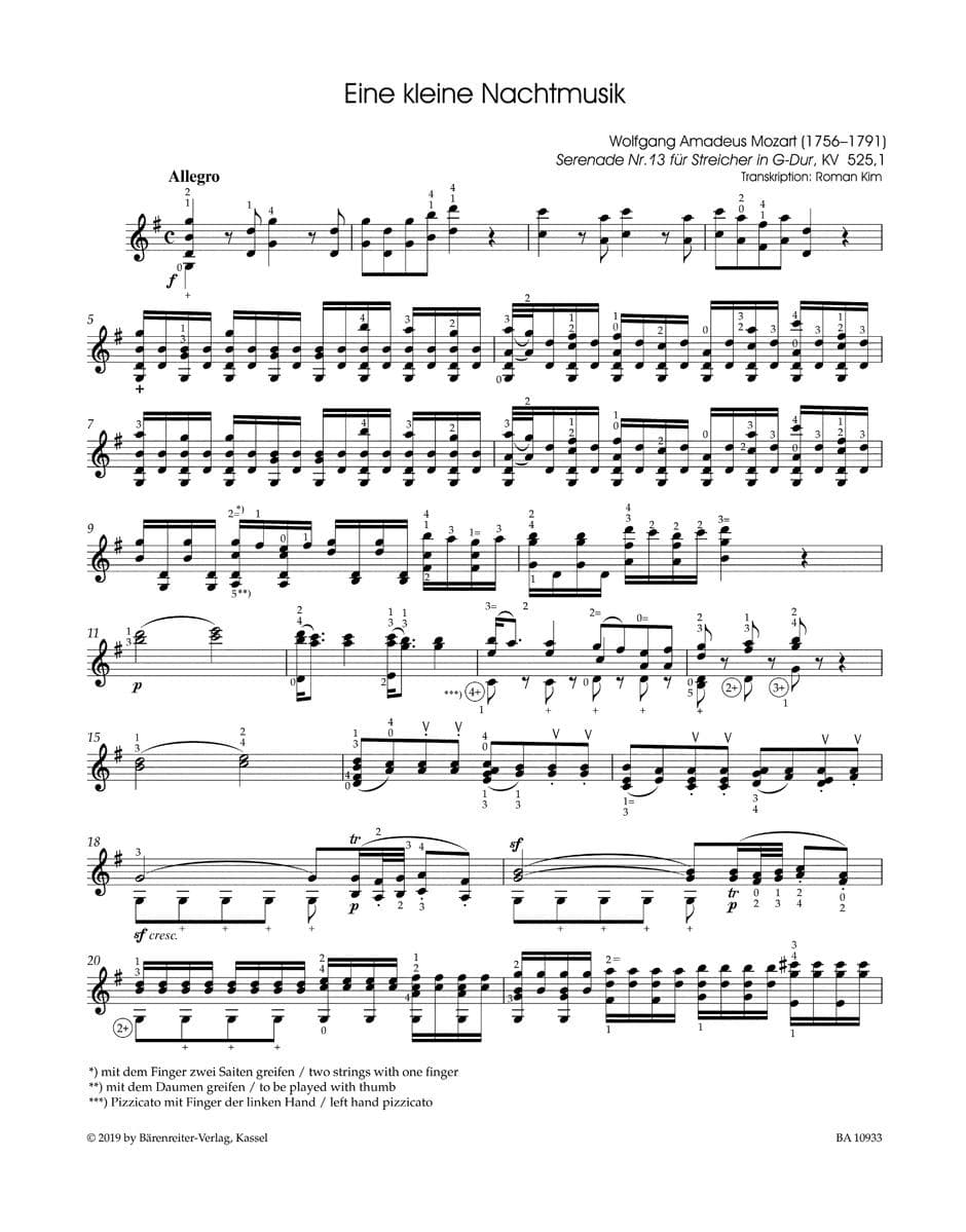 Mozart, WA – Eine Kleine Nachmusik, Allegro from Serenade No. 13 K252 – Violin Solo - Arranged by Roman Kim - Bärenreiter