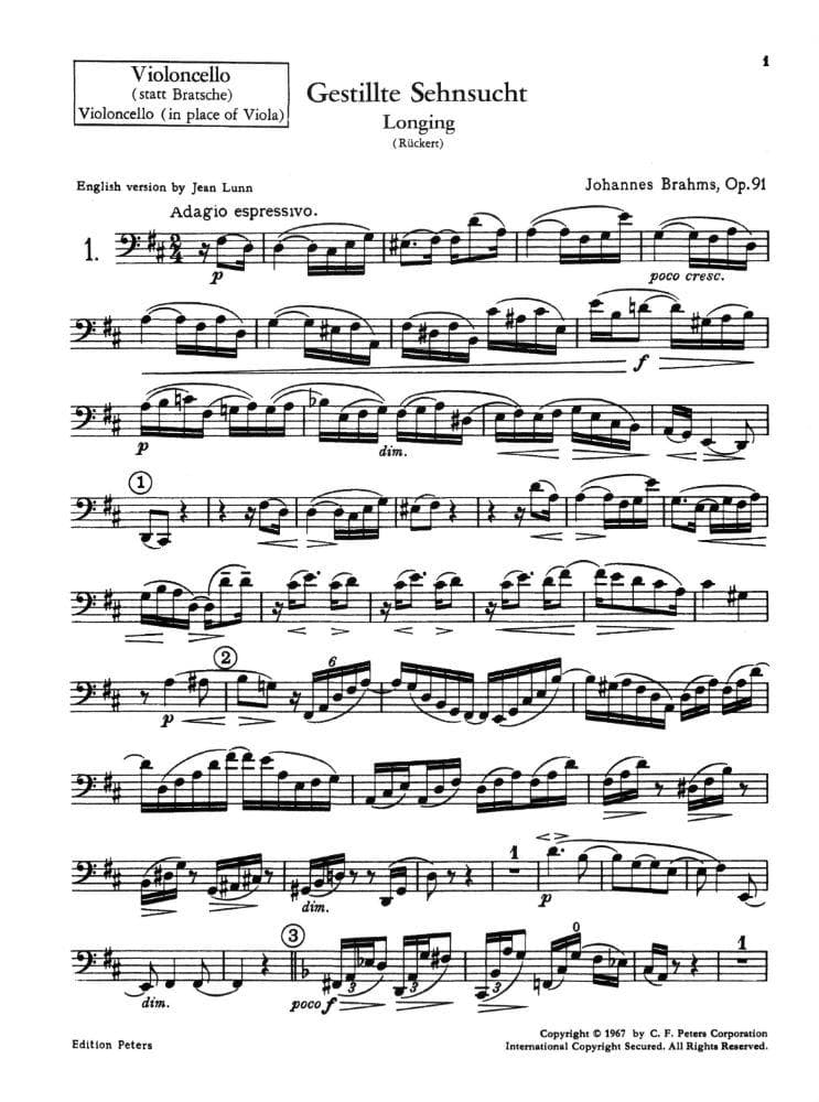 Brahms, Johannes - 2 Songs Op 91 for Voice, Viola/Cello and Piano - Edited by Lunn - Peters Edition